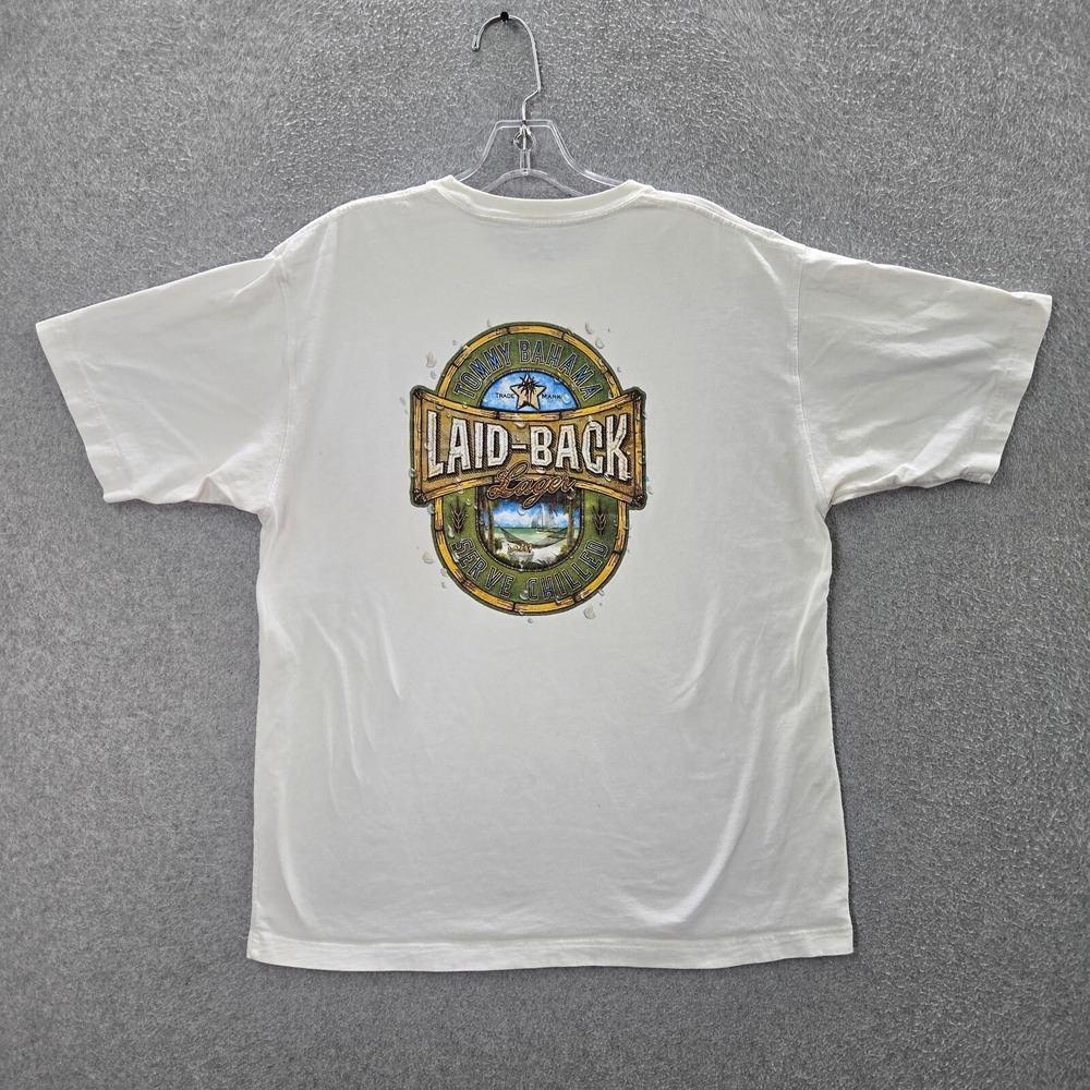 Tommy Bahama Men Shirt Medium White Logo Laid Back Lager Serve Chilled Tee